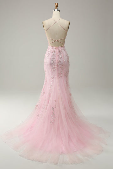 Havfrue Spaghetti stropper Lys rosa Long Prom kjole med Appliques